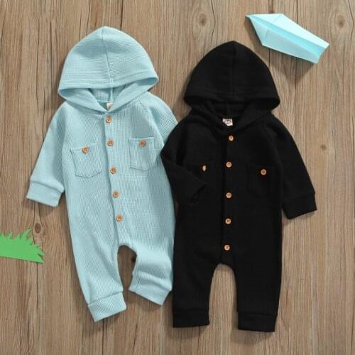 Unisex Baby Solid Color Romper, Long Sleeve Hooded Button Basic Jumpsuit with Pockets for Spring, Fall