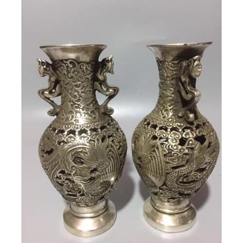 Chinese Tibetan Silver Carving Dragon And Phoenix Flower Vase Hollow Out Vase Home Decoration