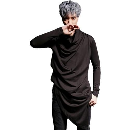 Autumn DJ singer nightclub hip hop long sleeve t shirt irregular hem gothic streetwear men harajuku punk rock long tee shirts