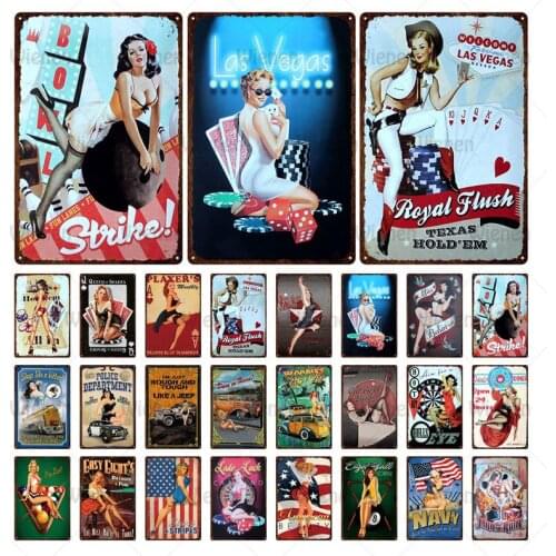 Comic Sexy Pin Up Girl & Poker Vintage Metal Tin Signs Home Decor Vintage Tin Signs Bar Pub Casino Decorative Plates Metal Wall
