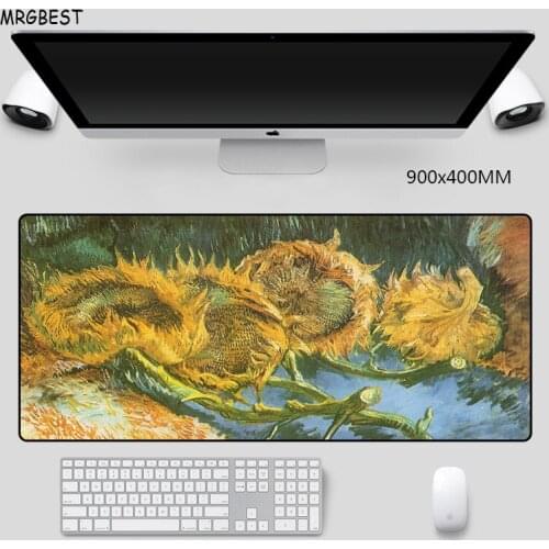 MRGBES Mouse Pad Big Artwork Vincent Van Gogh Sunflowers Classic with Locking Edge Nature Rubber Desk Mat 40x90cm for Gamer
