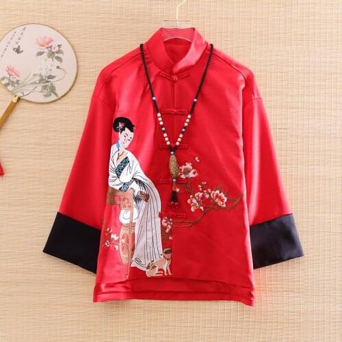 High-end Women Spring Jacket Top Chinese Style Retro Embroidery Elegant Loose Lady Tang Coat Female S-2XL