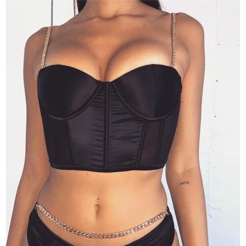 Trendy New Summer Crop Top Sexy Women Satin Bustier Top Chain Strap Casual Padded Yoga Top Metal Chain Satin Sling Sling Vest