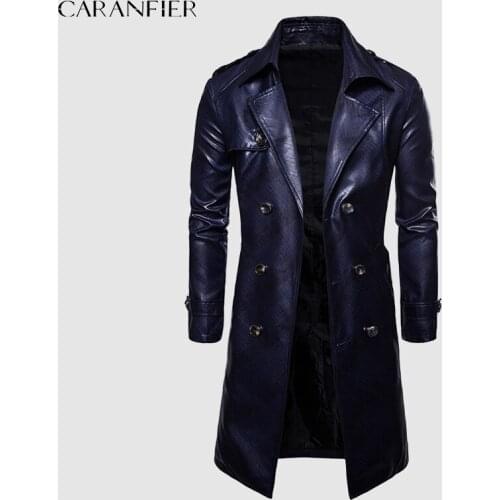 CARANFIER Mens PU Leather Jackets Men Long Overcoat Male Trench Coat British Double Breasted Lapel Windbreaker chaquetas hombre