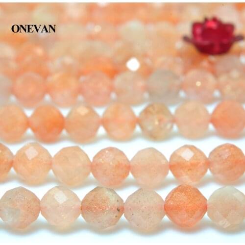 ONEVAN Natural A+ Sunstone Faceted Round Beads 4mm Smooth Stone Bracelet Necklace Jewelry Making Diy Accessories Gift Design