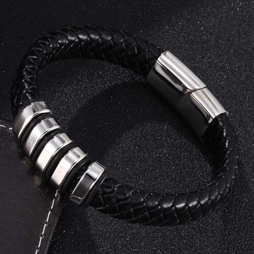 New Black Braid Genuine Leather Bracelets Stainless Steel Magnetic Clasp Bracelet Men Woven Hot Sale Bangle Pulseira ST0367