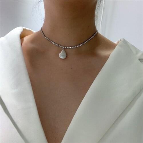 SRCOI Vintage Rhinestone Chain Irregular Pearl Necklace Baroque Silver Color Crystal Clavicle Choker Necklace Women Weddings