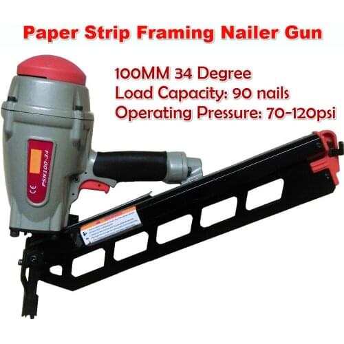 100MM 34Degree Clipped Head Paper Strip Framing Nailer Gun Pneumatic Paper Collated Nail Gun Large Tray Oblique Row Air Nail Gun