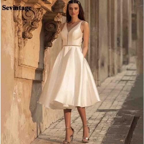 Sevintage Tea-length Wedding Dress Satin V-Neck Short A Line Sleeveless Beach Princess Wedding Party Dresses Robe De Mariage