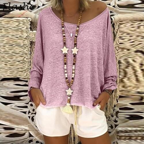 Plus Size Casual Slash Neck Solid Color Long Sleeve Women T-shirt Good Quality Bat Wing Sleeve Pullover Tops Womens T-shirt