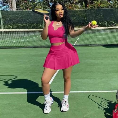 Active Sportswear Fitness Two Piece Set Womens Costumes Deep V Neck Sleeveless Tank Top and Pleated Culottes Female Clothing