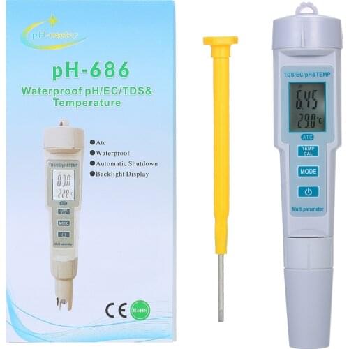 4 in 1 PH-686 Water Quality Tester pH/EC/TDS/Temperature Meter IP55 Waterproof Automatic Shutdown Backlight Display Tester White