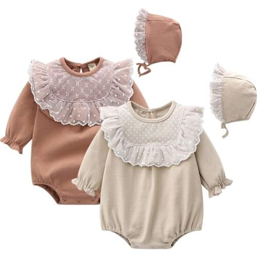 Spring Autumn Lace Newborn Baby Girl Clothes Princess Jumpsuit Clothing Sets Girls Bodysuit+ Hats