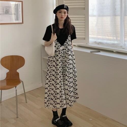 Dresses for Women Retro Floral V-neck Suspender Skirt Female Summer New Style Korean Style Waist Slimming Mid-length Skirt