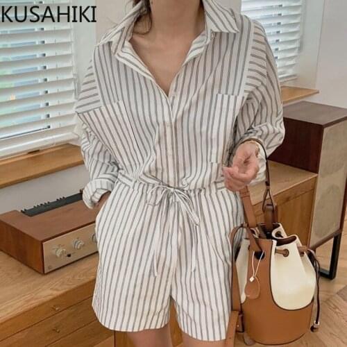 KUSAHIKI Women Playsuits Korean Striped Draw String Lace Up Slim Waist Bodysuits Long Sleeve Turn-down Collar Rompers 6L297