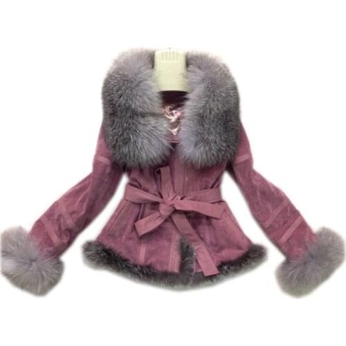 2019 big whole piece silver fox fur collar coat short design genuine leather jacket overcoat womens winter luxury fur coat