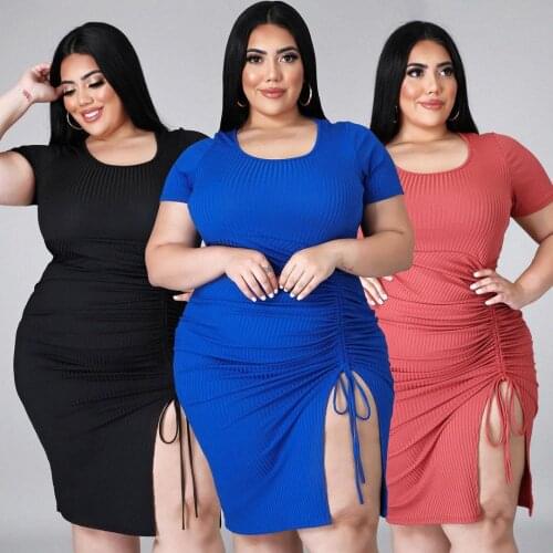 Summer Sexy Night Club Lace Up Dress Women Drawstring Bodycon Short Sleeve Elegant Work Office Plus Size Party Dresses 5XL
