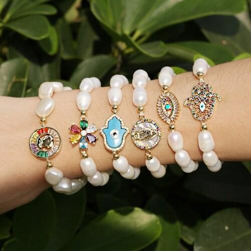 10 pcs/lot white natural freshwater pearl beads gold copper cubic zircon pave various shape jewelry charm bracelet woman for her