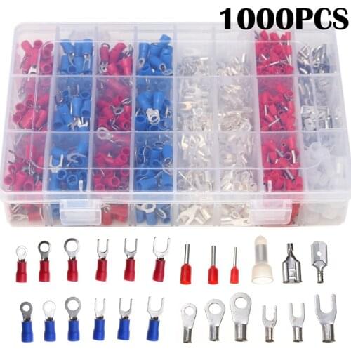 1000Pcs Electrical Cable Wire Crimp Terminals Wire Connector Kit Cord Pin End Connectors Insulated Spade Fork Ring Assorted Set