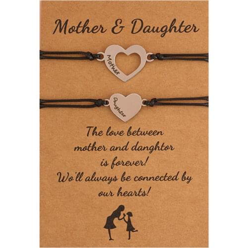 2PCS/Lot Mother Daughter Stainless Steel Bracelet Leather Rope Chain Heart Charm Bracelets For Women Mothers Day Gift
