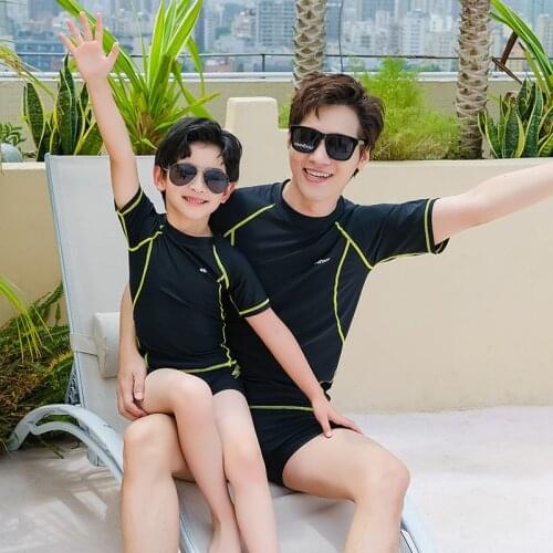 2021 Summer Parent Child Swimsuit Short Sleeve Boy Swimwear 2 Piece Set Sun Proof Quick Dry Men Plus Size Surfing Diving Suit
