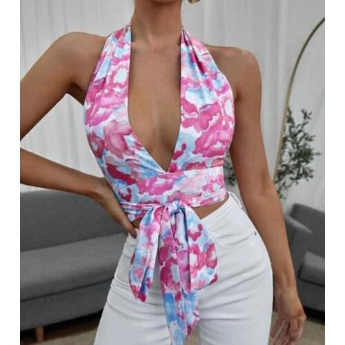 2021 New Fashion Women Summer Tank Tops Floral Print Halter V-Neck Sleeveless Backless Tie Up Straps Crop Tops Tanks Camis Top