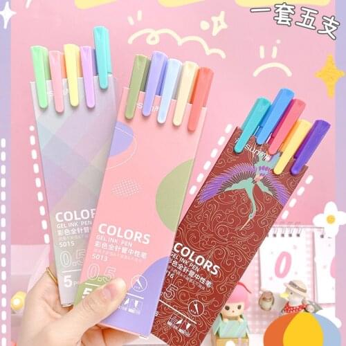 5pcs Ins Color Gel Pen Girls' Models Notes Hand Account Japanese Pen Case For Students