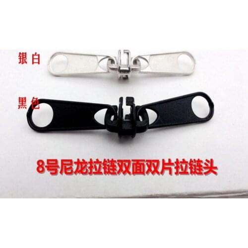 5pcs/lot metal for 8# nylon zipper head two sides/double sliders/two pullers black silver double pullers for tent bas luggages