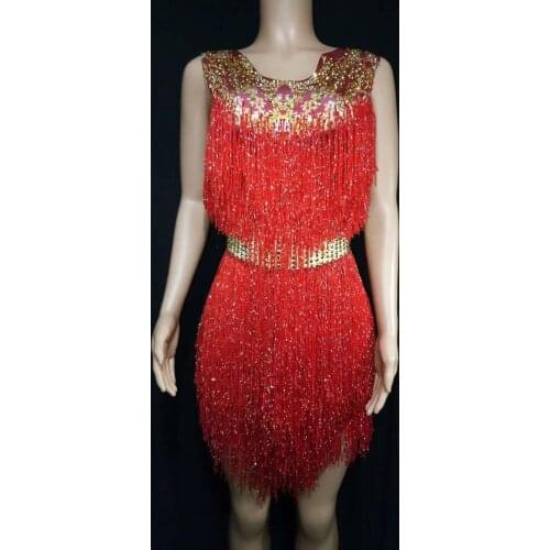 Sparkly Red Sequined Fringes Mini Latin Dress Women Evening Wedding Prom Party Birthday Rhinestones Outfit Singer Stage Wear
