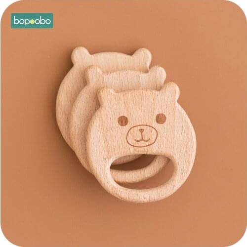 Bopoobo 5pc Food Grade Beech Wooden Teether Printed Bear Nursing Gifts For 0-12 Months Teething Toys Baby Products For Newborn