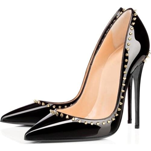 Black High Heels 2020 Pointed Toe Dress Shoes Women Basic Pumps with Rivets