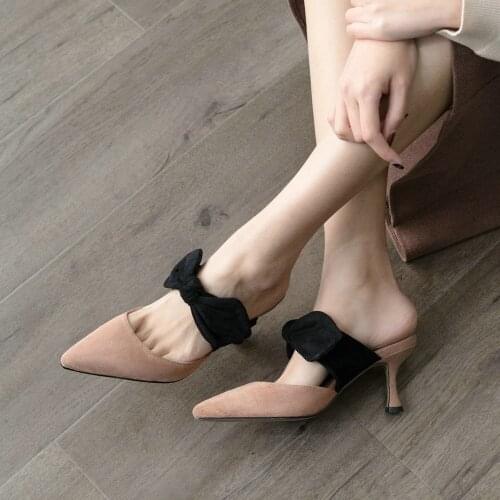 EshtonShero Summer Woman Slippers Low Heels Leather+PU Pointed Toe Slingback Butterfly-Knot Slip On Ladies Shoes Size 3-9