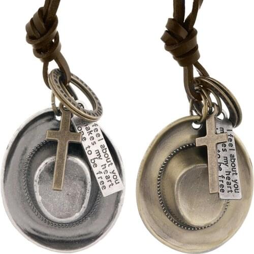 Jessingshow Men Genuine Leather Necklace & Pendants Retro Long Rope Chain Adjustable Hat Alloy Jewelry Women Neckless