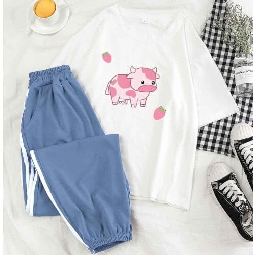 Kawaii 2 Piece Set Women Summer Pant Suits for Women Female Long Pants Set Strawberry Cow Print Graphic Outfit Set Kpop Korean