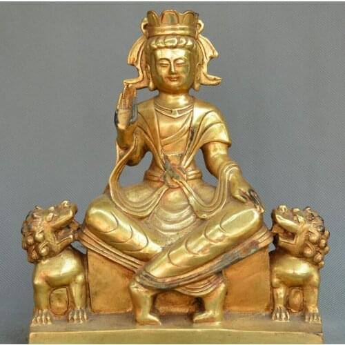 Chinese Tibet Buddhism gild old bronze Guanyin Kwan-yin lion Bodhisattva statue