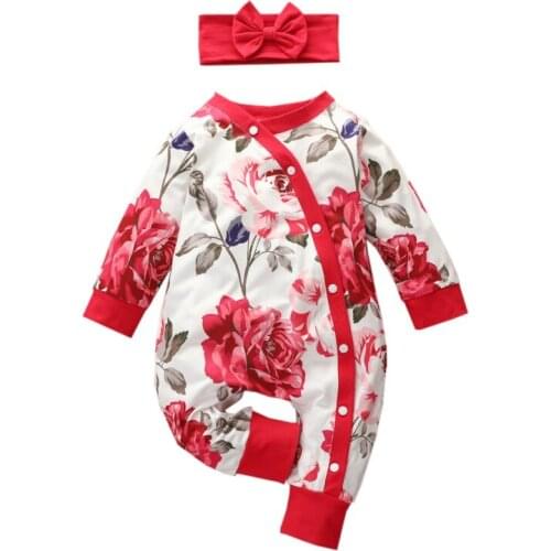 Casual Infant Jumpsuit Fall/Winter Baby Girl Outfits 2Pcs Floral Long-sleeved Rompers Single-breasted Jumpsuit With Headband