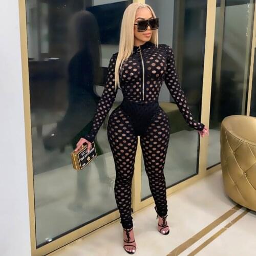 Women Sexy Solid See-through Hollow Out Skinny Jumpsuit Long Sleeve Sexy Zipper Bodycon Playsuit Slim Rompers Clubwear Outfits
