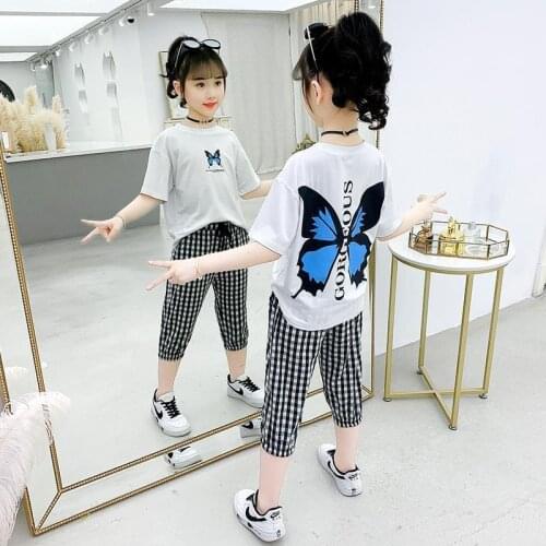 2020 Newest Arrival Kids Baby Girls Cute T-Shirt cartoon Tops+ Plaid Shorts Set Summer Casual Outfits 4-12 Years 2 Colors