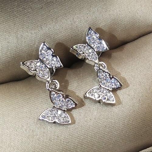 Fashion Cubic Zircon Small Butterfly Dangle Earrings Silver Color Korean Butterfly Stud Earrings For Women Girls Jewelry 2020