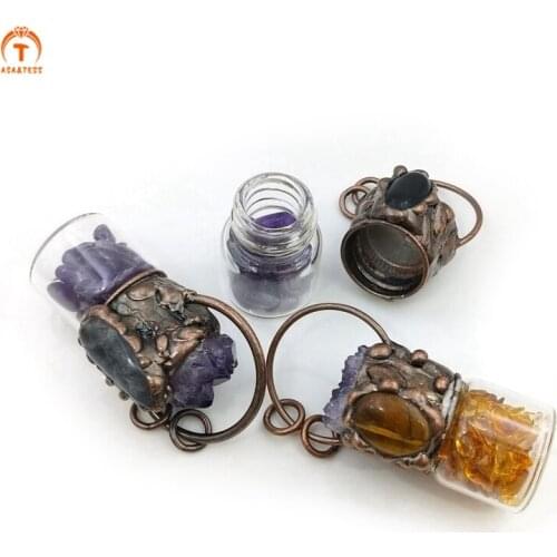 Natural Obsidian Amethyst Gemstone Bottle Pendant Necklace For Women Copper Perfume Bottle Essential Oil Aromatherapy Jewelry