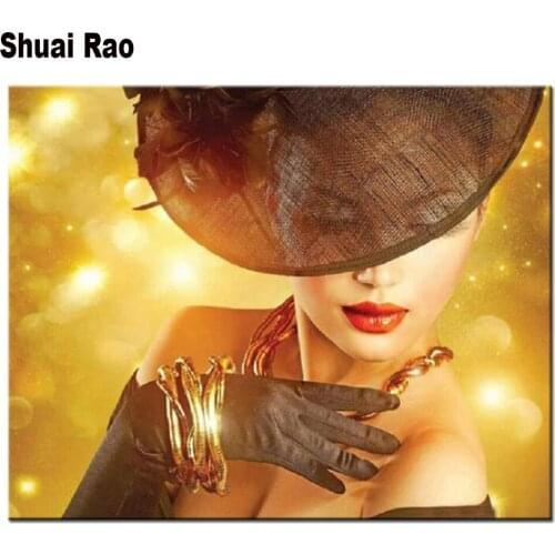 Full Diamond Embroidery Beauty in hat DIY Needlework Square Diamond Painting Cross Stitch 5D Rhinestones Mosaic Pattern woman