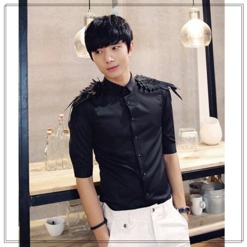 Men personality wings embroidery epaulette casual three quarter sleeve shirt white easy care shirt singer costumes clothing