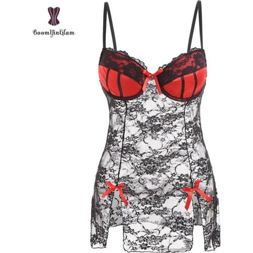 Blue Red Transparent Floral Lace Dress Sleepwear Costumes Padded Cup Bra Sexy Lingerie With Removable Straps 1025