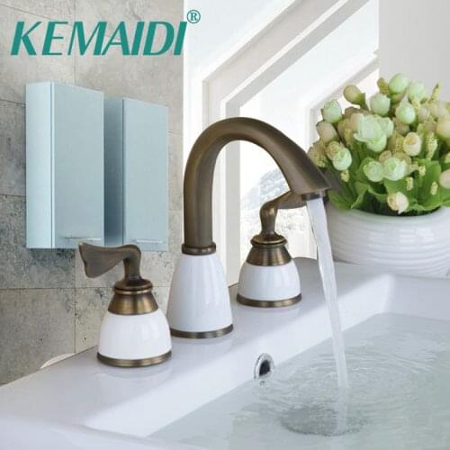 KEMAIDI Basin Sink Faucet Retro Antique Brass 3 Pieces 2 Lever Bathtub Torneira Bathroom Deck Mounted Vessel Vanity Tap Mixer