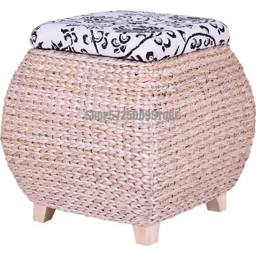 Solid Wood Straw Storage Stool Storage Stool Rattan Shoes Stool Can Sit In The Adult Storage Box Multifunctional Sofa Stool