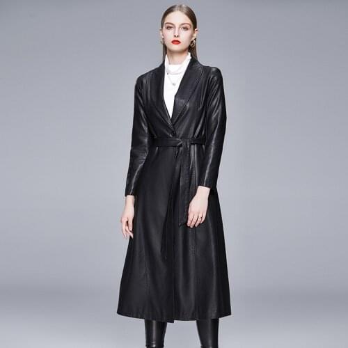 Spring Long Leather Trench Coat Women Sashes Long Sleeve Large Swing Faux Leather Coat Women Plus Size Fashion 4xl Raincoat 2020