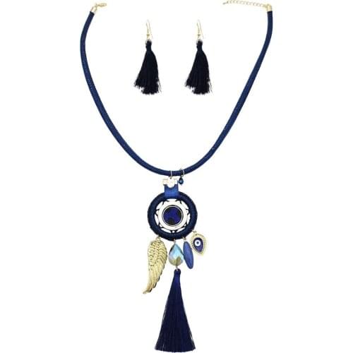 Vintage Thread Long Tassel Angel Wings Pendant Eye Tassel Woven Necklace Light Earrings Sets Womens Jewelry Sets