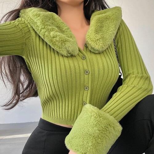 WOMENGAGA Winter Removable Rabbit Fur Collar Long Sleeve Screw Thread Knitting Short Cardigan Sweater For Women 56O0
