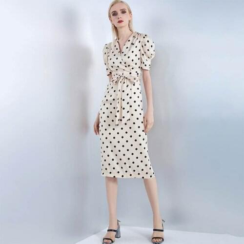 Satin Dress Women V-Neck Puff Sleeve Oil Bag Hip Dress 2021 Summer New Hepburn Style Vintage Polka Dot Palace Style Party Dress