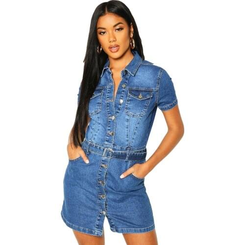 Denim Dress Women Fashion Turn Down Collar Short Sleeve Jeans Dresses Vintage Single-breasted Mini Bodycon Dress